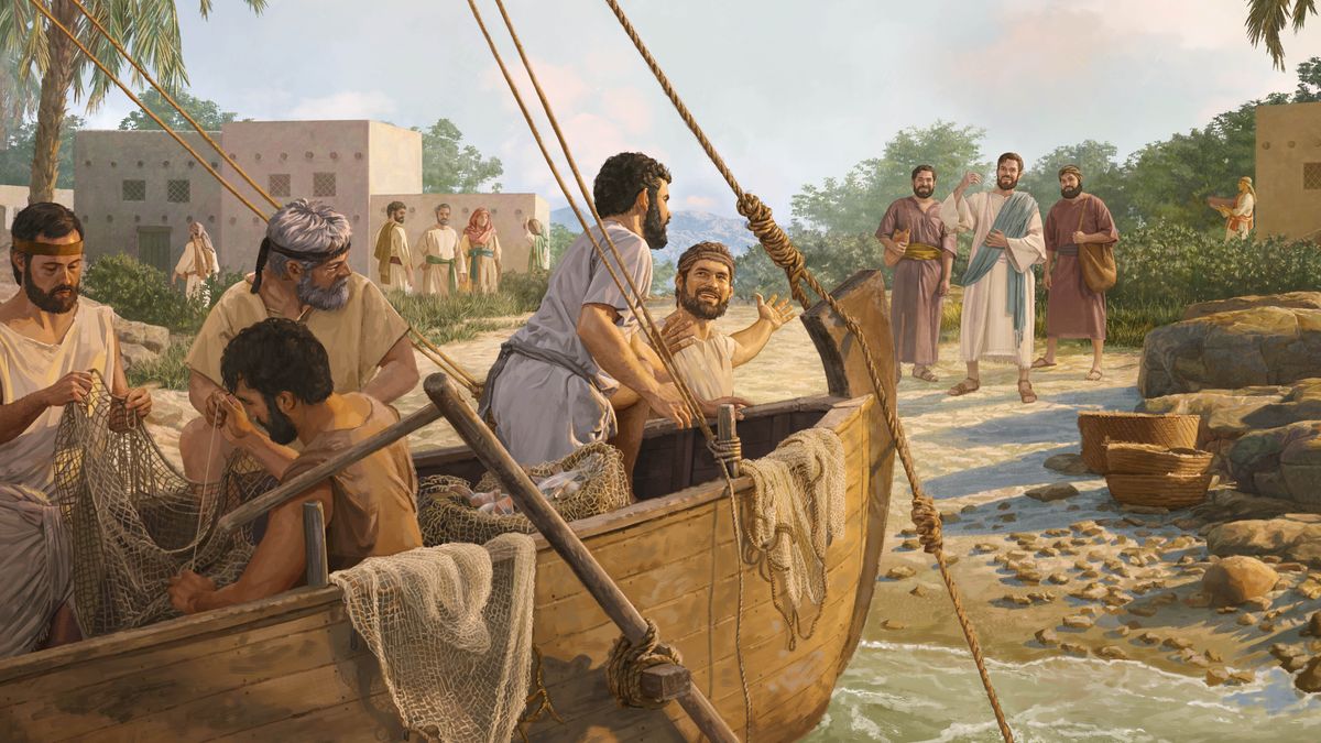 Två män lämnar sin fiskebåt när Jesus uppmanar dem att följa honom. Några andra män är kvar i båten och lagar sina nät.