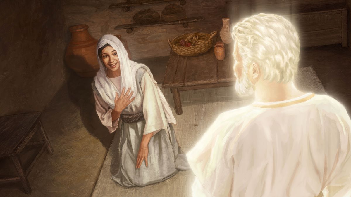Maria sitter på knä på golvet och pratar med ängeln Gabriel. Hon ser glad och överväldigad ut.