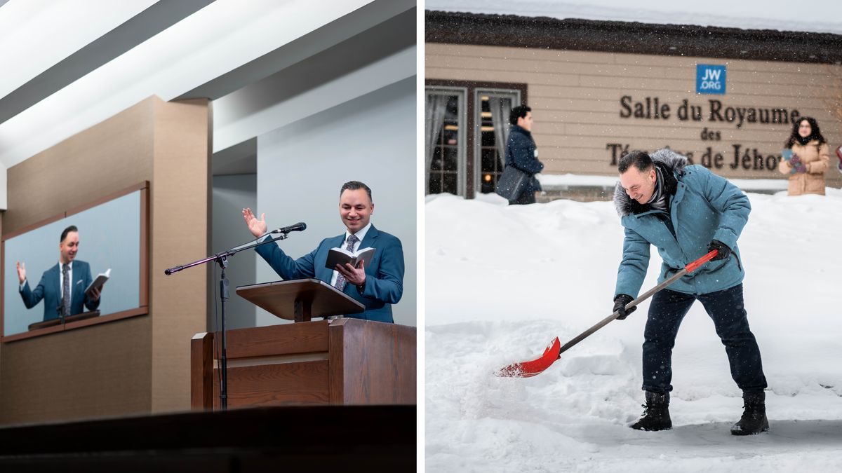 Collage: 1. En äldste håller tal på en kretssammankomst. 2. Samma äldste skottar snö på parkeringen utanför Rikets sal.