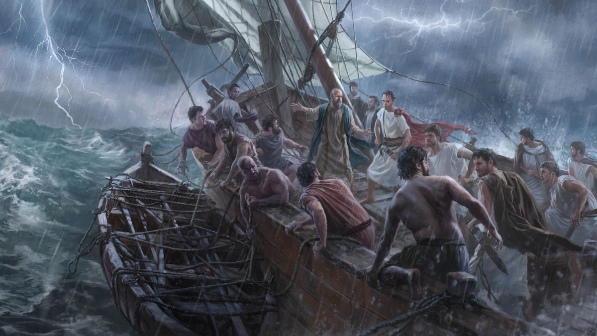 Paulus uppmanar några vettskrämda sjömän att inte sätta sig i livbåten trots att skeppet kastas hit och dit av stormvindar.