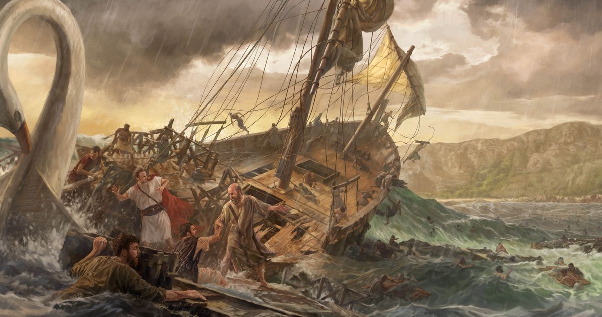 Paulus och alla på skeppet hoppar i vattnet när skeppet förliser. De simmar in till den närliggande ön, Malta.