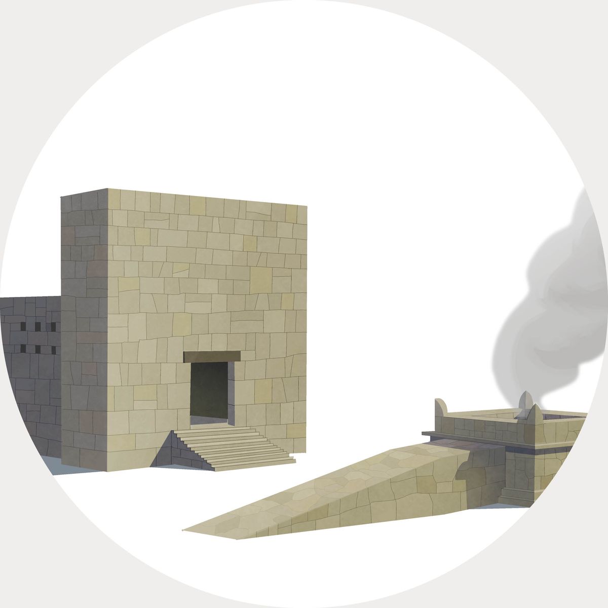 Detåteruppbyggda templet och altaret.