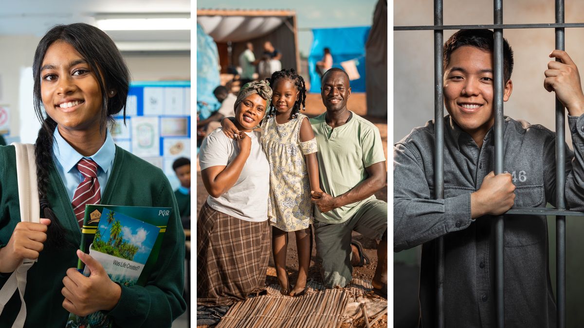 Collage: Bröder och systrar som är modiga i svåra situationer. 1. En glad syster i tonåren sitter i ett klassrum och håller i en skolbok och broschyren ”Hur har livet kommit till?”. 2. Två föräldrar i ett flyktingläger håller om sin unga dotter och alla tre ser glada ut. 3. En ung broder ler och tittar ut genom gallret i sin fängelsecell.