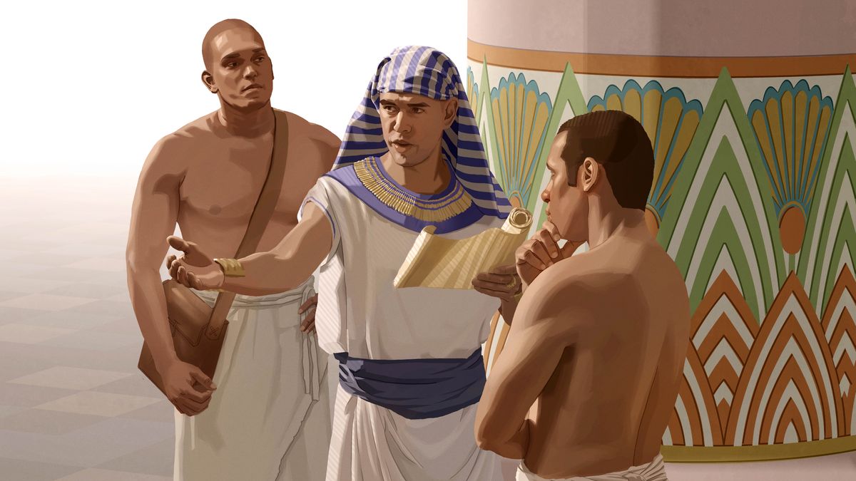 Josef, som nu är statsminister, ger en befallning till två egyptiska slavar.