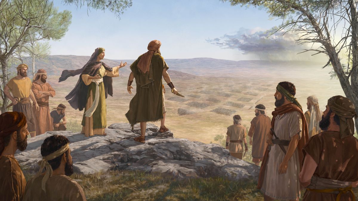 Debora, Barak och hans armé på toppen av berget Tabor ser hur Sisera och hans stridsvagnar närmar sig.