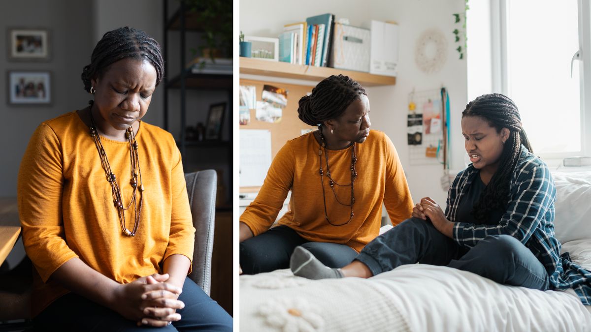 Collage: En mamma som gärna vill nå fram till sin dotter. 1. Hon ber innerligt när hon är ensam. 2. Hon lyssnar uppmärksamt när hennes dotter öppnar sig och berättar vad hon har inom sig.