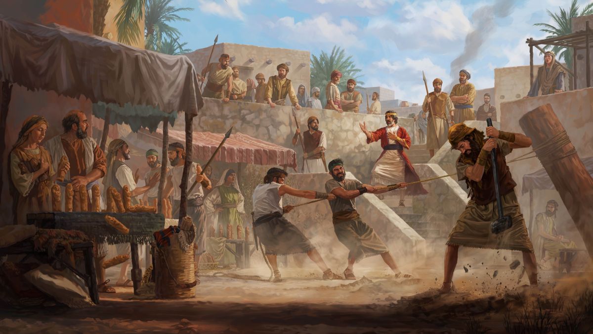 Manasse talar till Jerusalems folk på en marknad där det säljs en massa gudabilder. Några soldater river ner en helig påle och förstör gudabilderna.