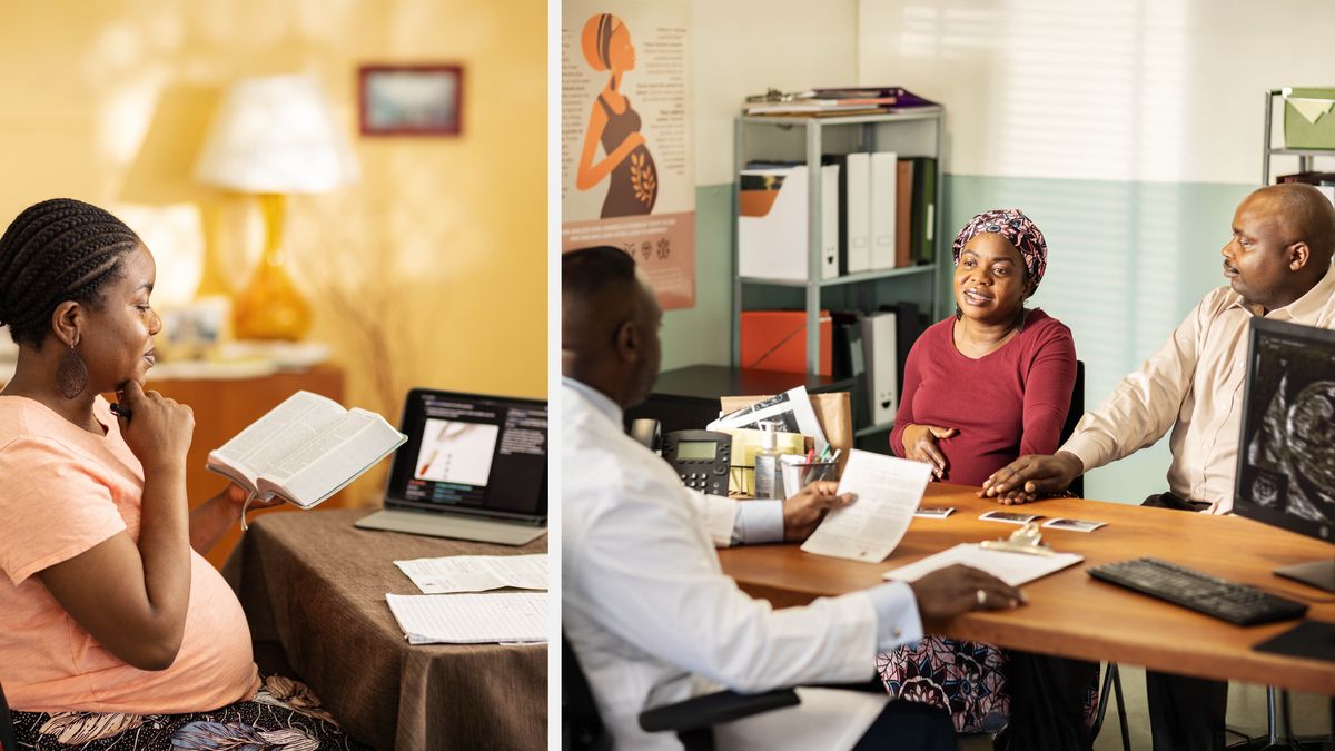 Collage: 1. En gravid syster använder sin bibel, sin platta, sitt sjukvårdskort och ett anteckningsblock när hon förbereder sig för födseln. 2. Senare sitter hon hos läkaren tillsammans med sin man och förklarar sin syn på blod och behandlingsmetoder som involverar det. Läkaren tittar på hennes sjukvårdskort medan han lyssnar på henne.