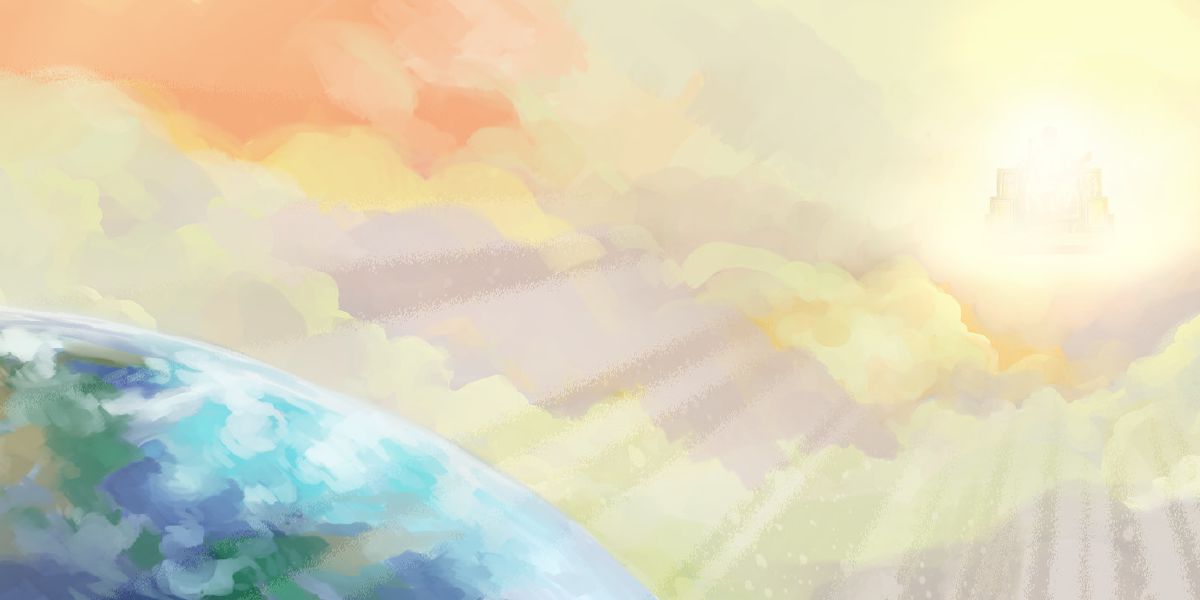 Ett skarpt ljus lyser över jorden från en tron i himlen