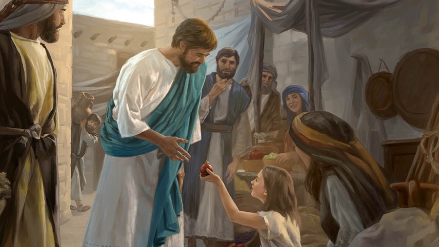 Jesus får en frukt från en flicka medan några vuxna ser på i bakgrunden.