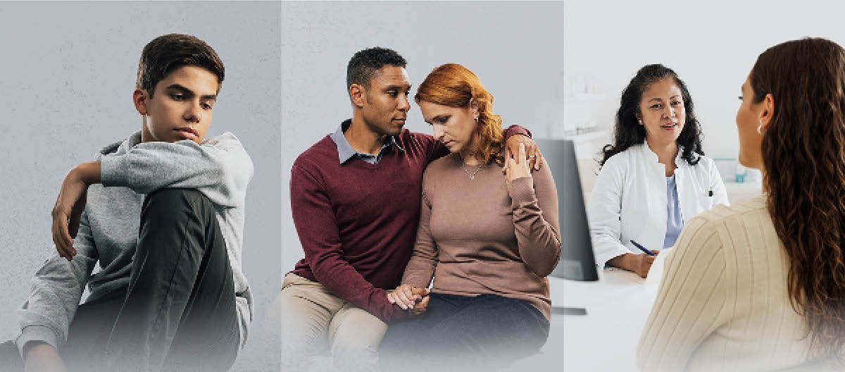 Collage: 1. En ung kille är nere och ser ledsen ut. 2. En man tröstar sin fru som är nere. 3. En kvinna pratar med en läkare.