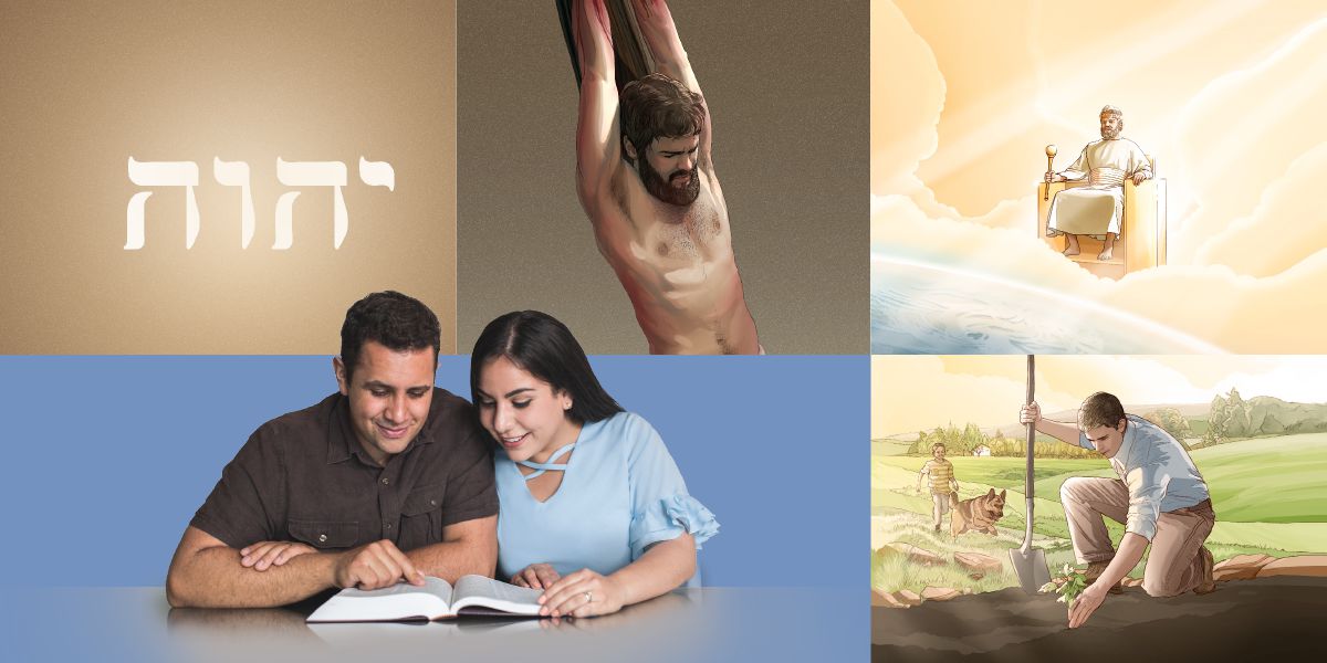 Manželia si čítajú Bibliu a rozjímajú o Jehovovom mene, výkupnej obeti, mesiášskom Kráľovstve a živote v raji