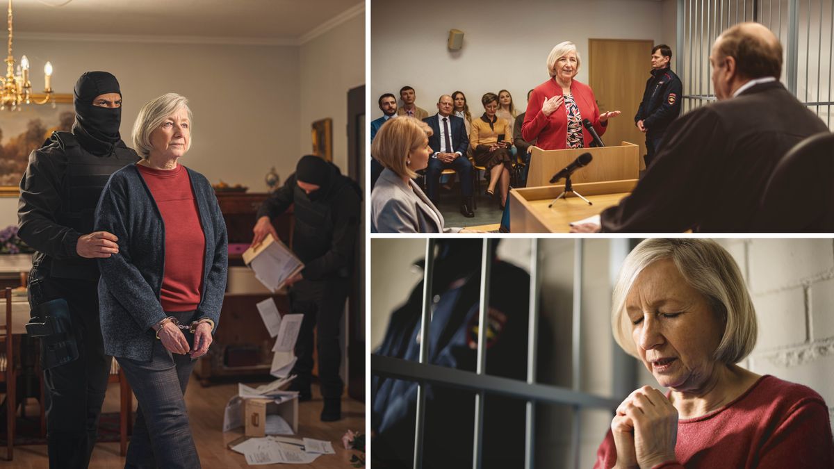 Séria obrázkov: So staršou sestrou nespravodlivo zaobchádzajú. 1. Zostáva pokojná, keď ju jeden kukláč odvádza v putách preč, zatiaľ čo druhý jej prehľadáva dom. 2. Na súde sa so sudcom úctivo rozpráva. 3. Vo väzenskej cele sa modlí a strážnik stojí pri mrežiach z vonkajšej strany.