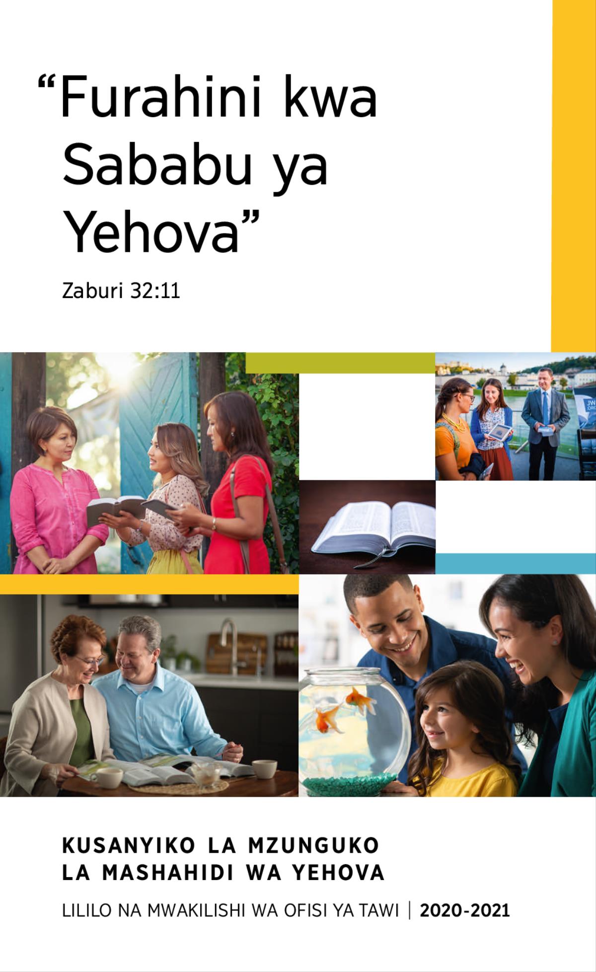 Picha: 1. Familia yenye furaha ikitazama samaki. 2. Mashahidi wa Yehova wakimsomea Biblia mwanamke nyumbani kwake. 3. Wenzi wa ndoa wakijifunza Biblia kwa kutumia machapisho yanayotegemea Biblia. 4. Biblia iliyo wazi. 5. Wenzi wa ndoa wakimwonyesha video mwanamke njiani.