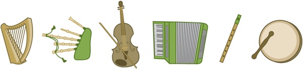 1. kinubi cha Kiselti; 2. zumari iitwayo bagpipe; 3. fidla; 4. kodiani; 5. filimbi; 6. ngoma iitwayo bodhran
