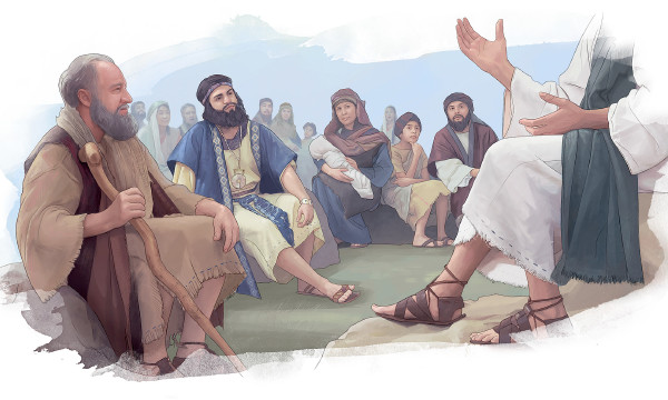 Wanaume, wanawake, na watoto wakimsikiliza Yesu