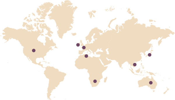 Ramani inayoonyesha Afrika Kusini, Australia, Ireland, Japani, Marekani, Tunisia, Ufaransa, na Vietnam