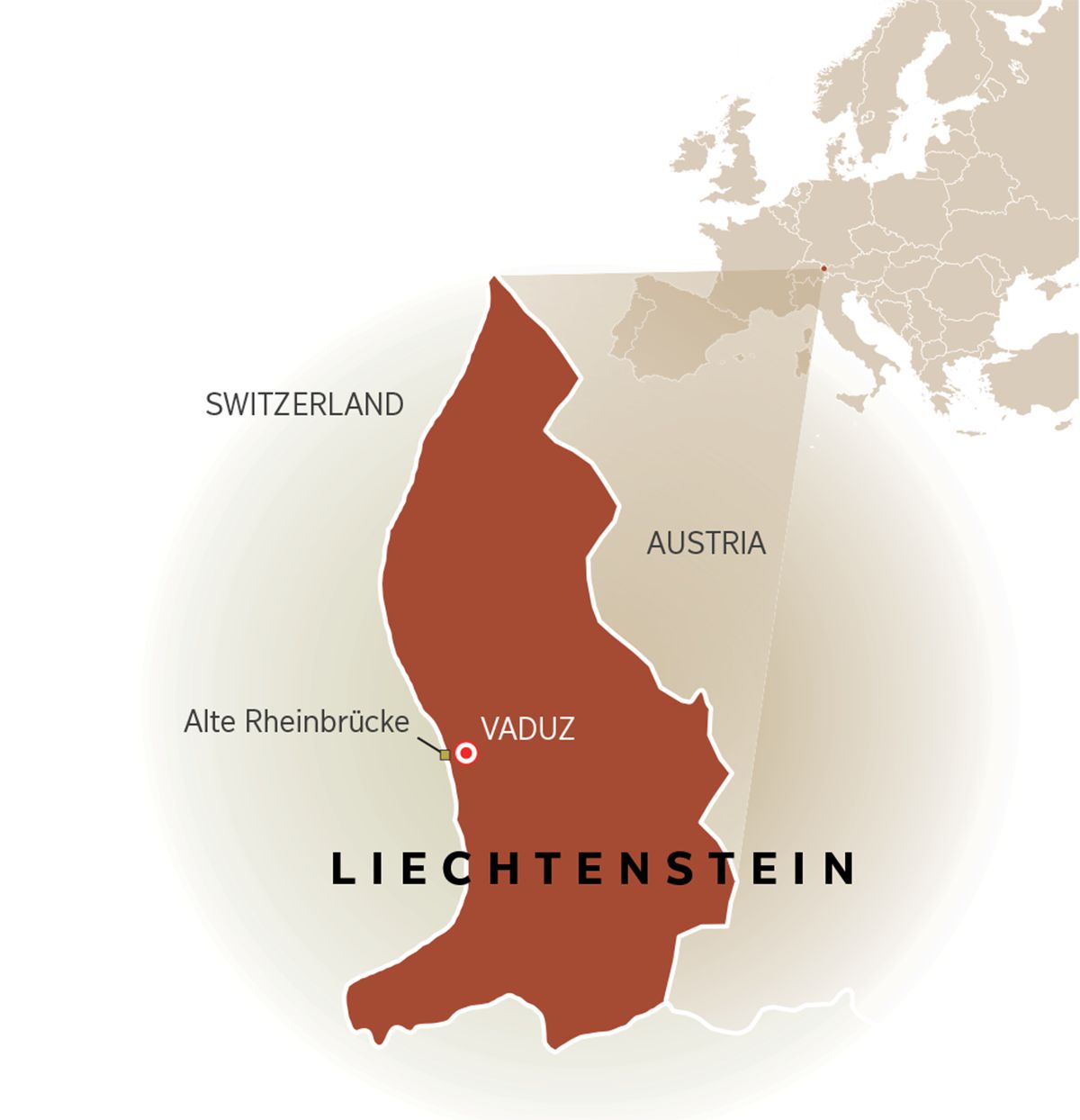 Ramani ikionyesha jinsi nchi ya Liechtenstein inavyopakana na Uswisi na Austria