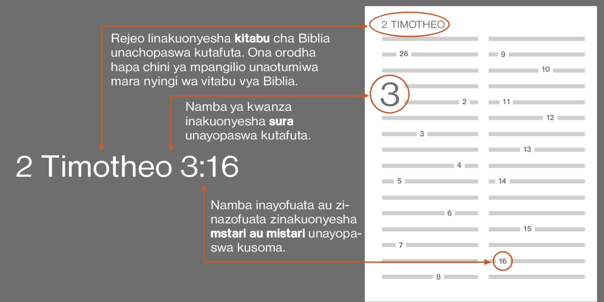Jinsi ya kupata mistari ya Biblia ukitumia 2 Timotheo 3:16 kama mfano. Rejeo linakuonyesha kitabu cha Biblia unachopaswa kutafuta, kama vile 2 Timotheo (ona orodha iliyo hapa chini ya mpangilio unaotumiwa zaidi wa vitabu vya Biblia). Namba ya kwanza inaonyesha sura unayotafuta,  kama vile sura ya 3. Namba inayofuata au zinazofuata zinaonyesha mstari au mistari unayopaswa kusoma, kama vile mstari wa 16.