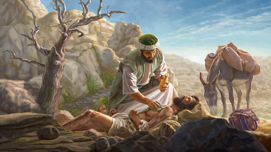 Msamaria aliyeonyesha ujirani katika mfano wa Yesu, akipaka mafuta majeraha ya mwanamume aliyepigwa na kuachwa kando ya barabara.