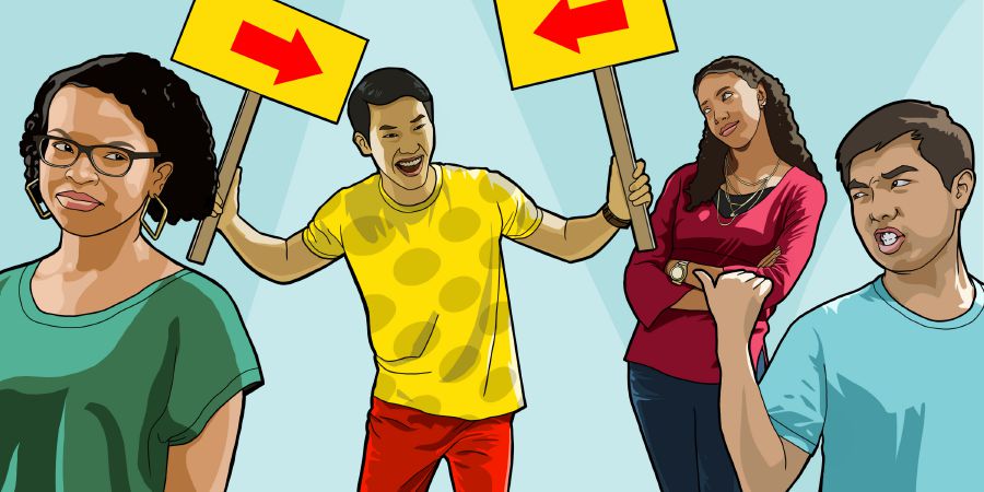 Kijana akielekeza uangalifu kwenye mavazi yake huku vijana wenzake wakichukizwa