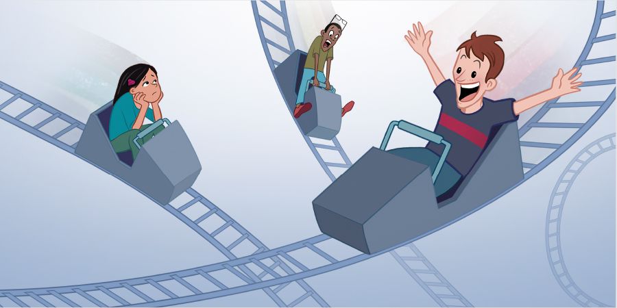 Vijana wakiwa kwenye vigari vinavyoteleza kasi kwenye reli iliyojipinda-pinda (roller-coaster); mmoja anahuzunika, mwingine anaogopa, na mwingine anasisimuka