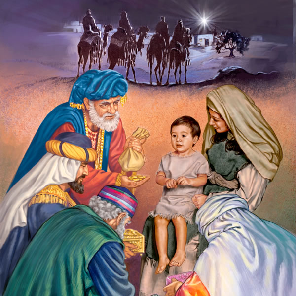 Wanajimu ambao walifuata nyota kwenda Bethlehemu wakimpa zawadi Maria na Yesu
