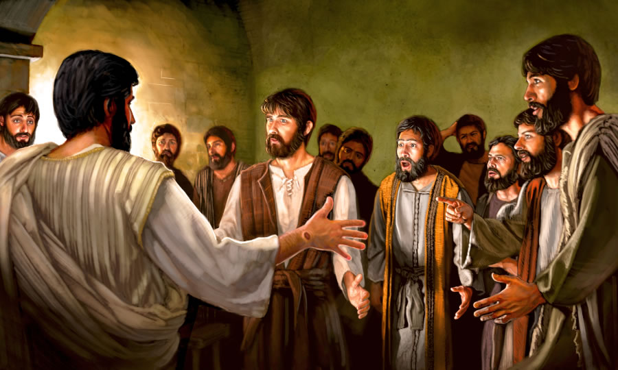 Baada ya kufufuliwa, Yesu walitokea wanafunzi wake katika chumba walichokuwa wamekusanyika