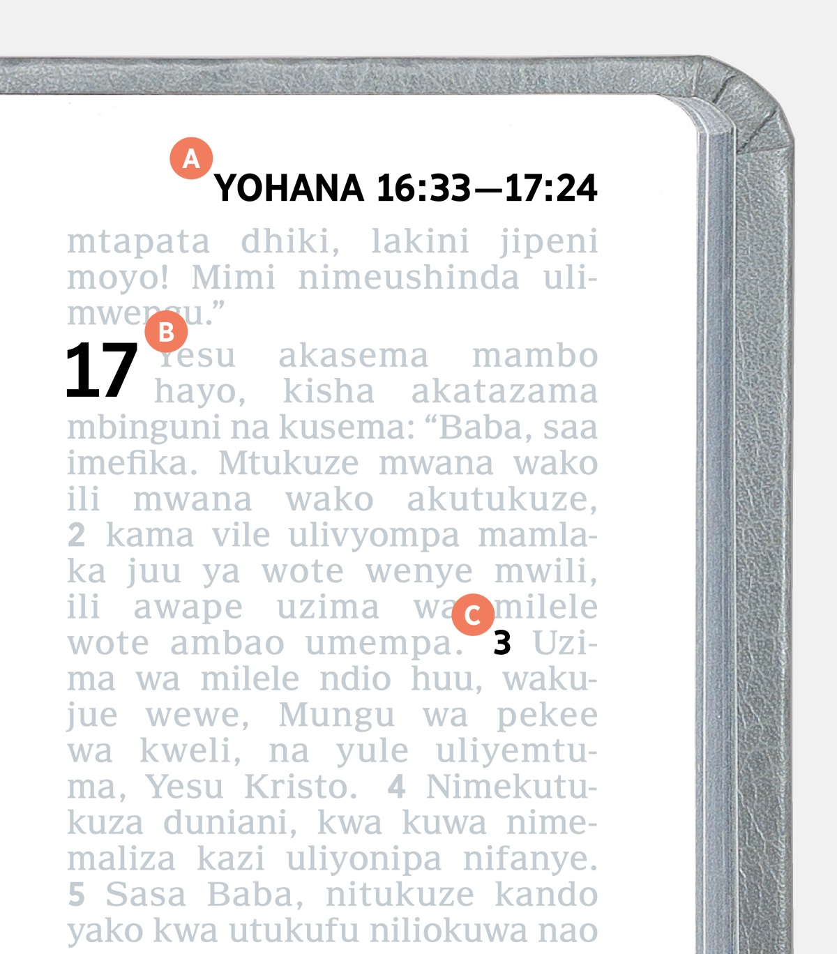 Alama zinazoonyesha sehemu ya A, B, na C kwenye ukurasa wa Biblia.