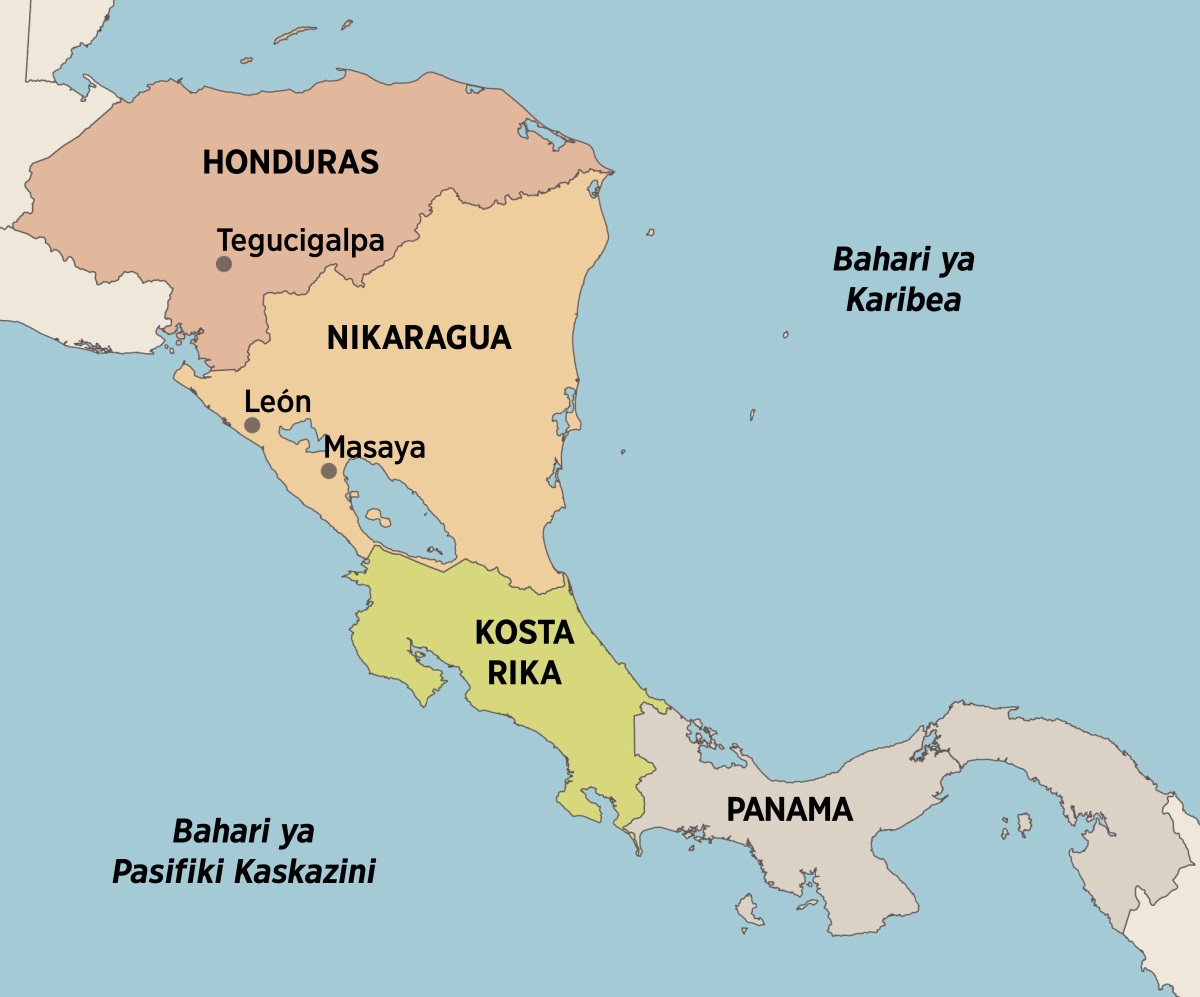 Ramani ya Amerika ya Kati inayoonyesha maeneo ambayo Elfriede aliishi na kuhubiri: Tegucigalpa, Honduras; León na Masaya, Nikaragua; Kosta Rika; na Panama.