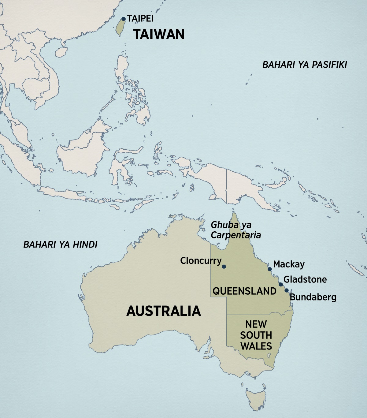 Ramani ya Australia na mashariki ya Asia, imetiwa alama kwenye maeneo ambayo Terry aliwahi kuishi na kuhubiri, yanayotia ndani: Taipei, Taiwan; Ghuba la Carpentaria, Cloncurry, Mackay, Gladstone, na Bundaberg huko Queensland, Australia; na New South Wales, Australia.