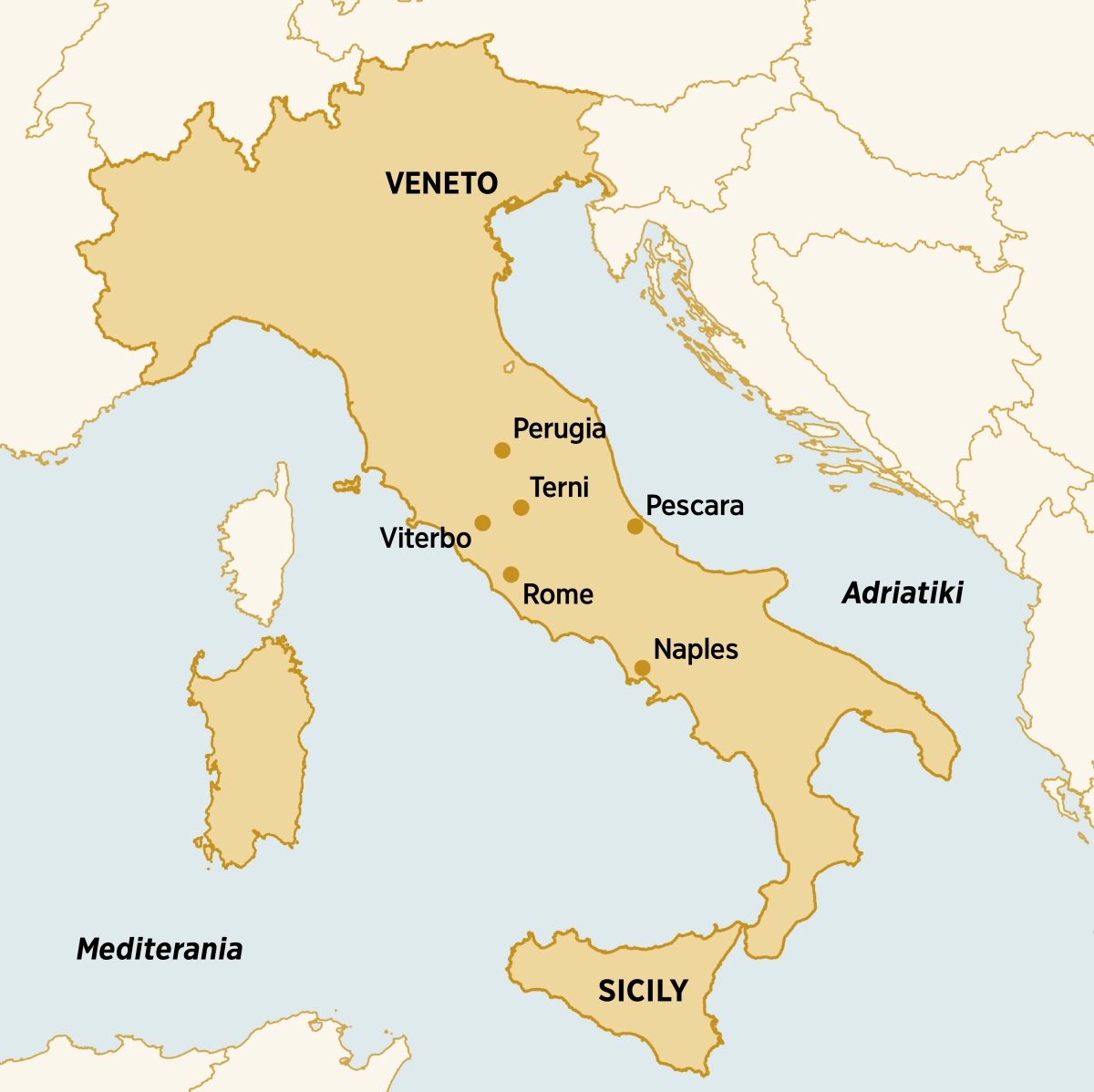Ramani ya maeneo mbalimbali ya Italia ambako Dorina Caparelli amewahi kuishi, kuhubiri, na kuhudhuria makusanyiko: Veneto, Perugia, Terni, Pescara, Sicily, Naples, Rome, Viterbo.