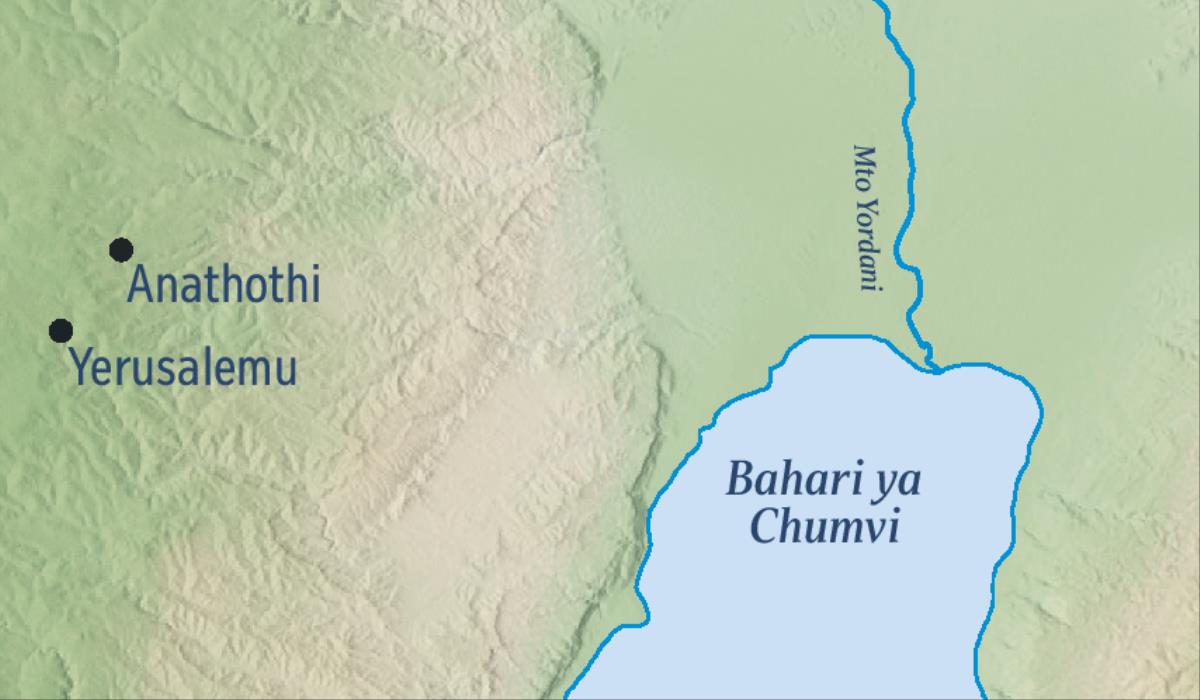 Ramani inayoonyesha Yerusalemu na mji ambao Yeremia aliishi wa Anathothi