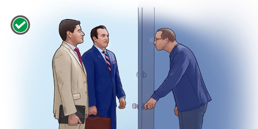 Ndugu wawili wakiwa katika huduma wanasimama kimya mbele ya mlango huku mwenye-nyumba akiwachungulia mlangoni