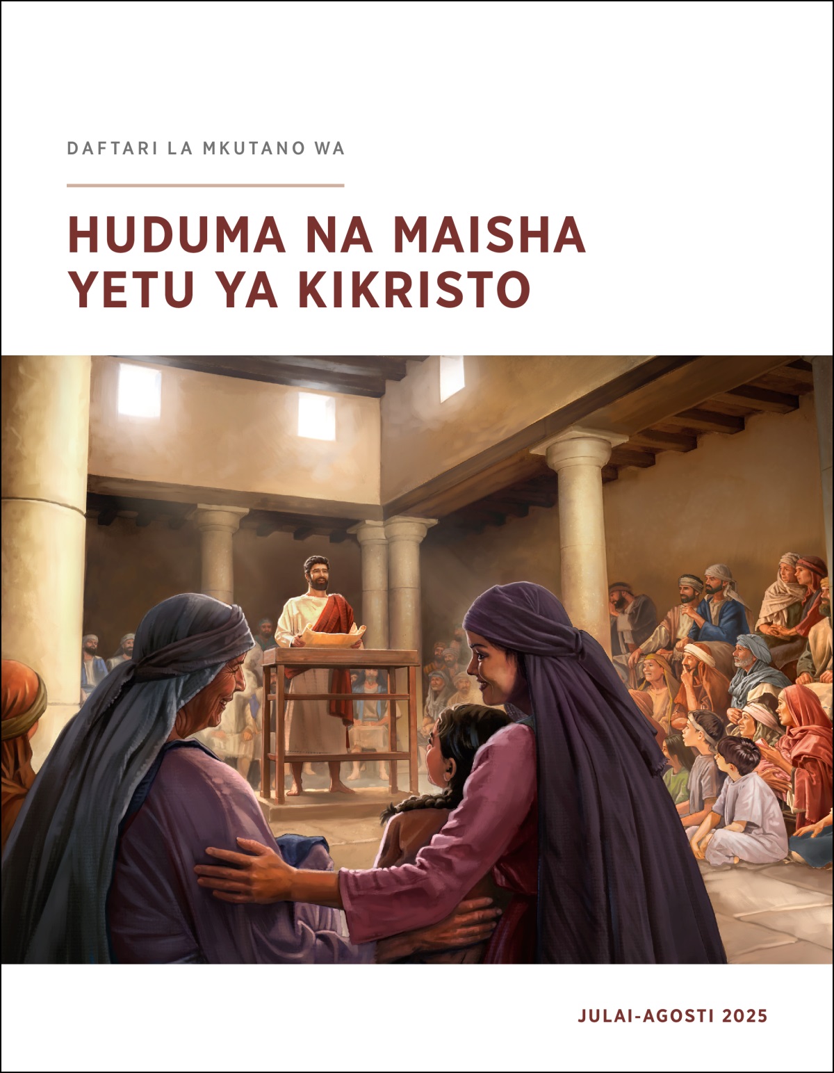 Yesu anazungumza akiwa kwenye sinagogi, huku akiwa ameshika kitabu cha kukunjwa kilichofunguliwa. Kikundi cha wanaume, wanawake, na watoto wakisikiliza kwa makini.