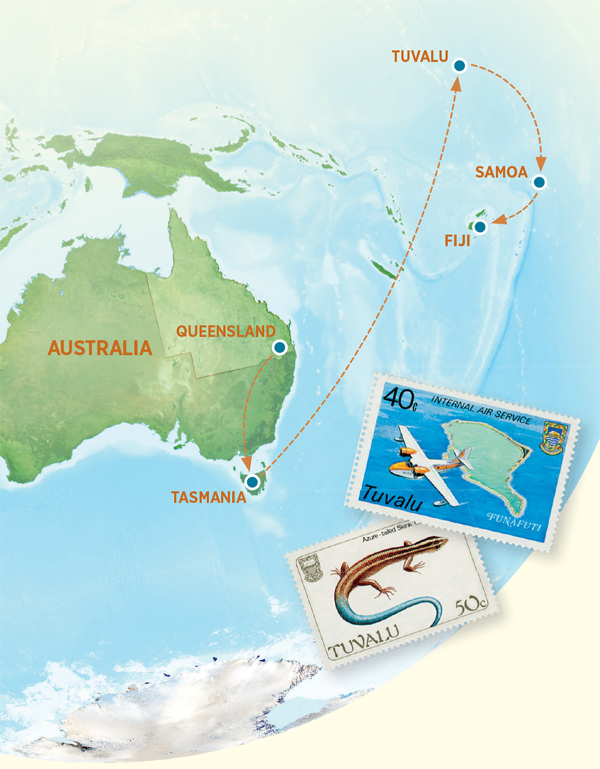Ramani inayoonyesha Australia, Tasmania, Tuvalu, Samoa, na Fiji