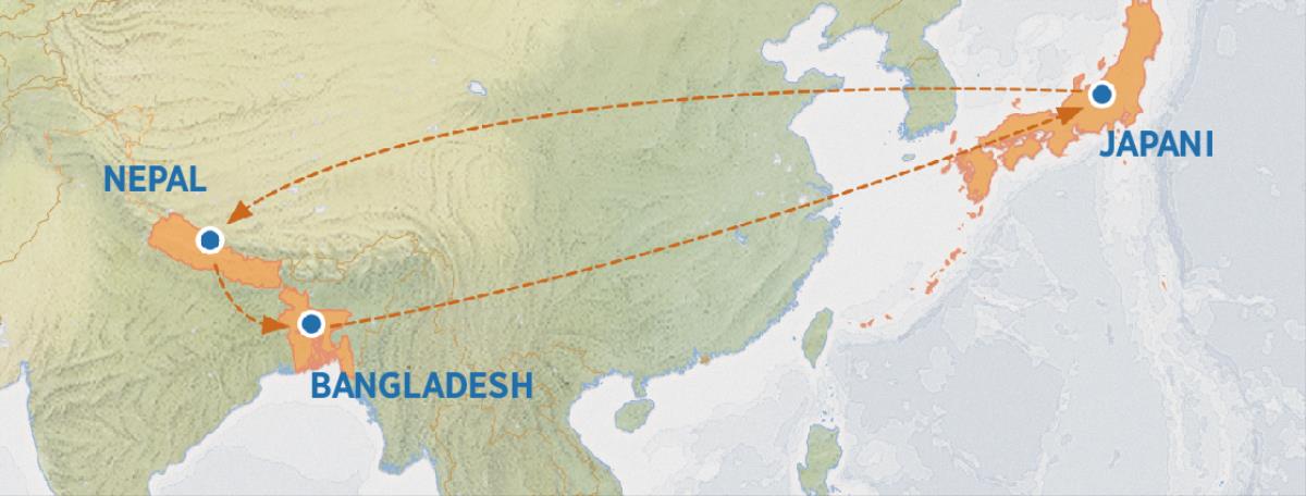 Ramani inayoonyesha njia ya kutoka Japani kwenda Nepal, Bangladesh, na kurudi Japani