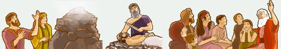 Abrahamu na Sara wanatoa dhabihu; Abrahamu ameshika kisu na yuko tayari kumdhabihu Isaka; Abrahamu akiongoza familia yake kuabudu