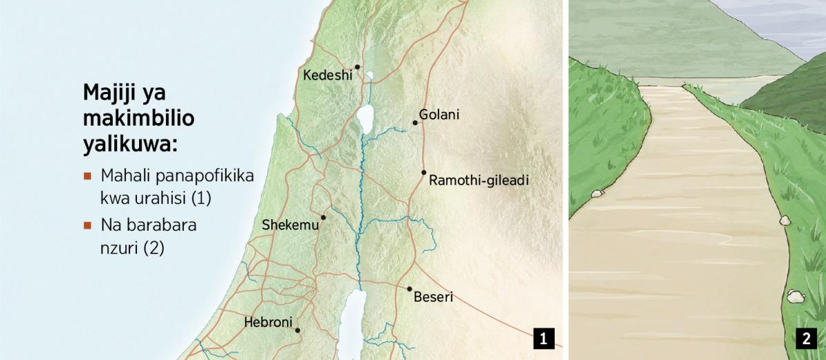 Ramani inayoonyesha majiji sita ya makimbilio katika Israeli na barabara iliyodumishwa vizuri
