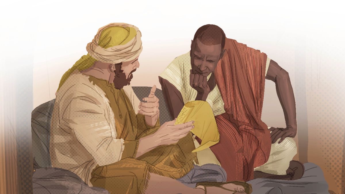 Filipo mweneza injili akimfafanulia Maandiko mwanamume Mwethiopia.