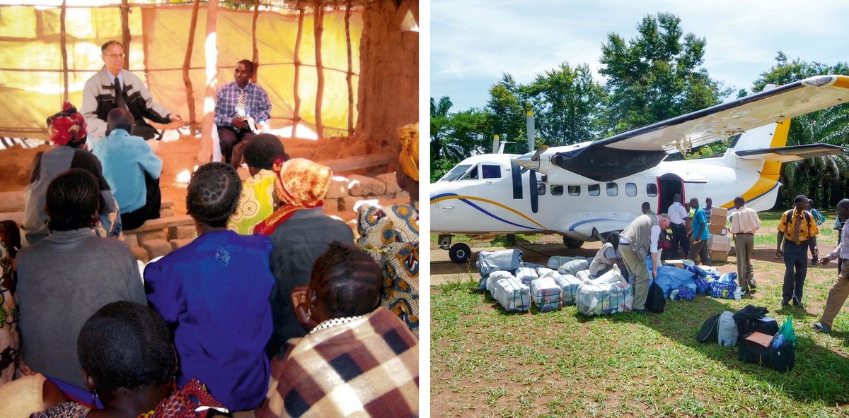 Mkusanyo wa picha: 1. Reino anawatolea hotuba wakimbizi katika jengo la muda. 2. Ndugu wanapakia bidhaa kwenye ndege ndogo.