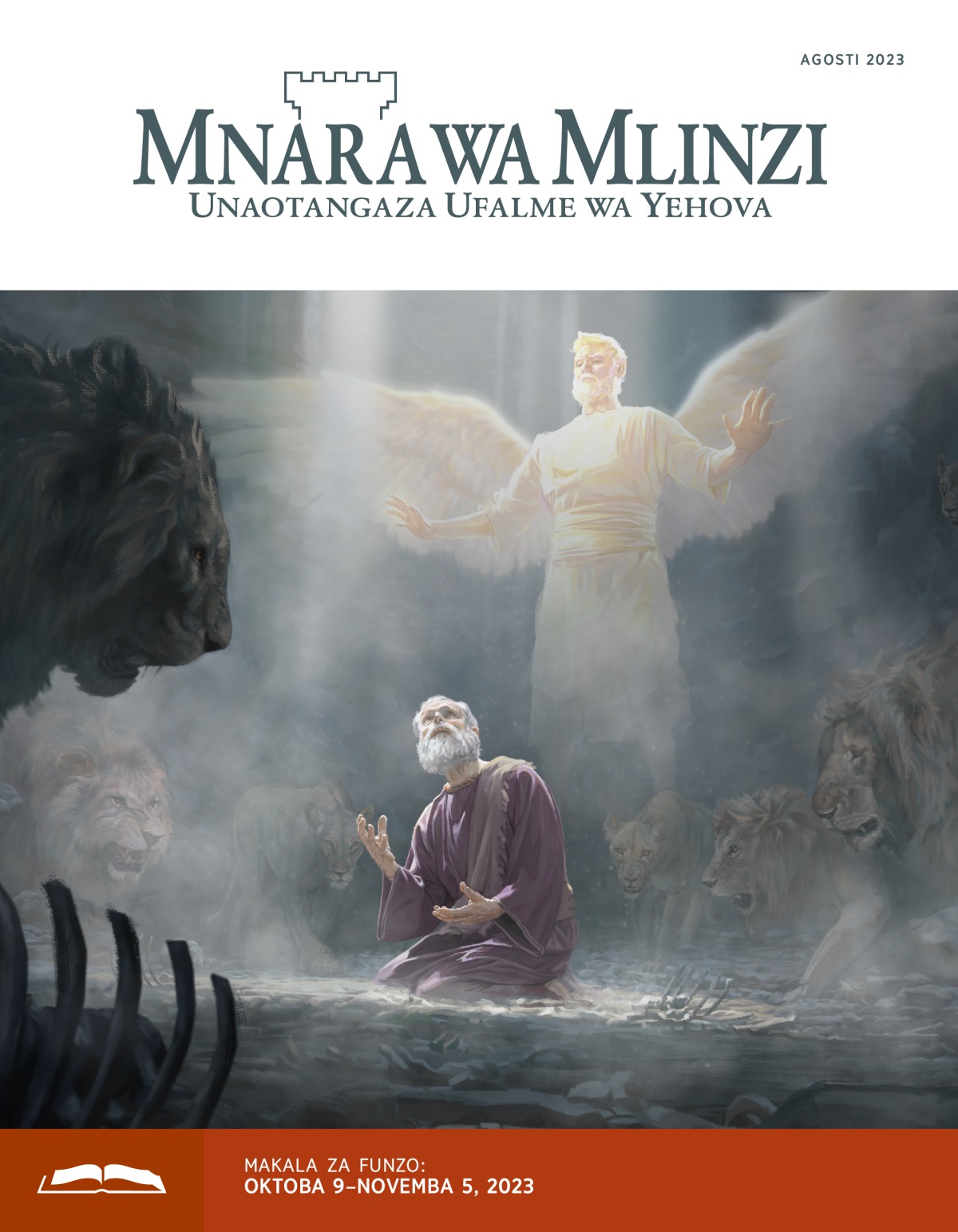 Nabii Danieli akitazama mbinguni akiwa amezungukwa na simba ndani ya shimo. Malaika aliye nyuma yake anamlinda.