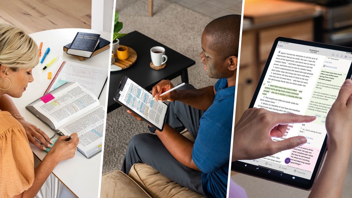 Mkusanyo wa picha: 1. Dada anaandika mambo fulani na kuyaweka kwenye Biblia yake. 2. Ndugu akitia alama na kuandika mambo fulani katika makala anayojifunza kwenye tablet yake. 3. Dada akitia alama na kuandika mambo fulani katika Biblia yake, akitumia programu ya “JW Library.”