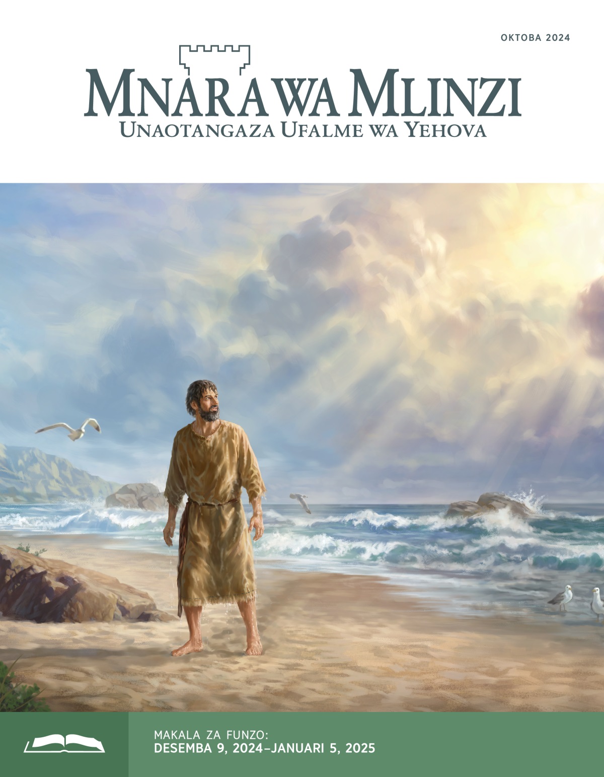 Nabii Yona amesimama kwenye ufuo wa bahari akitazama mbinguni. Nguo zake zimeloa kabisa maji.