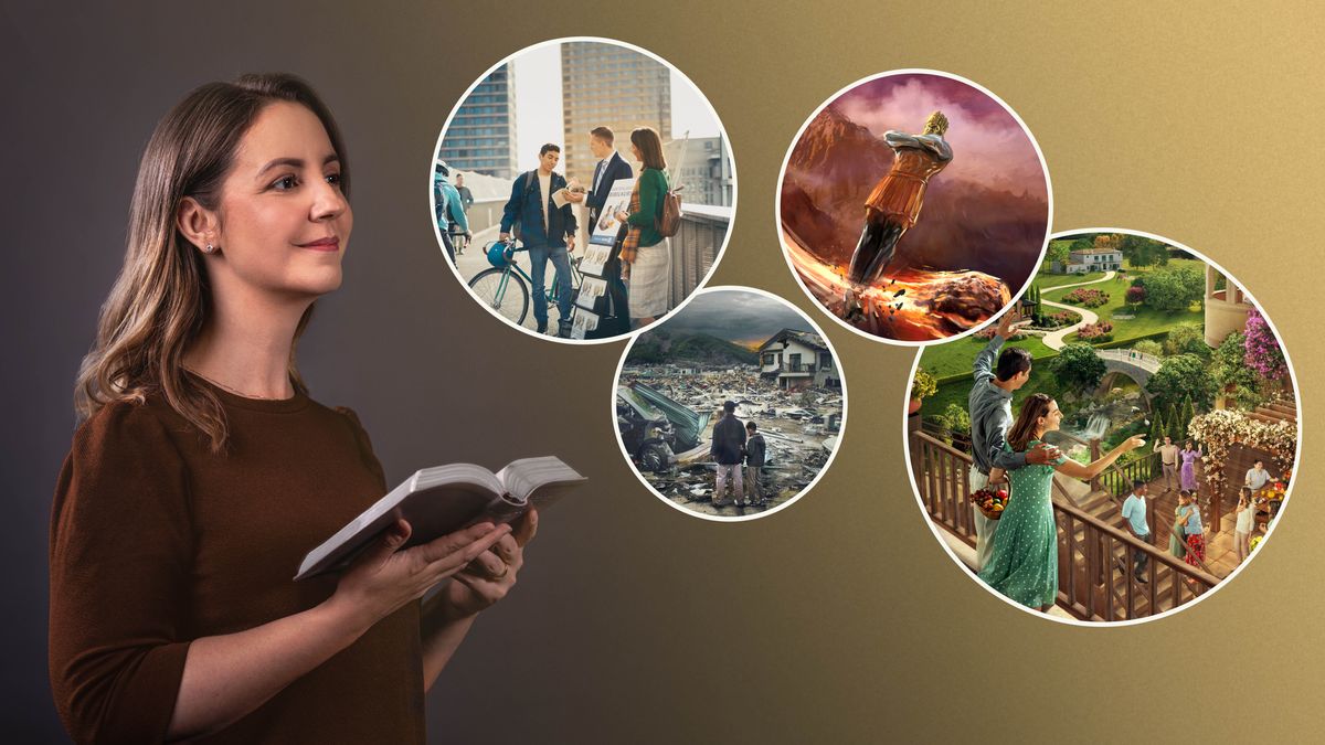 Dada akisoma na kutafakari unabii mbalimbali wa Biblia. Mkusanyo wa picha: 1. Wenzi wa ndoa wamesimama karibu na kigari cha machapisho wakizungumza na mwanamume. 2. Baba na mwana wake wakitazama uharibifu uliosababishwa na janga la asili. 3. Jiwe likiipiga miguu ya sanamu ambayo Nebukadneza aliiona kwenye ndoto kama inayoelezwa kwenye Danieli sura ya 2. 4. Watu wakifurahia maisha katika paradiso duniani.