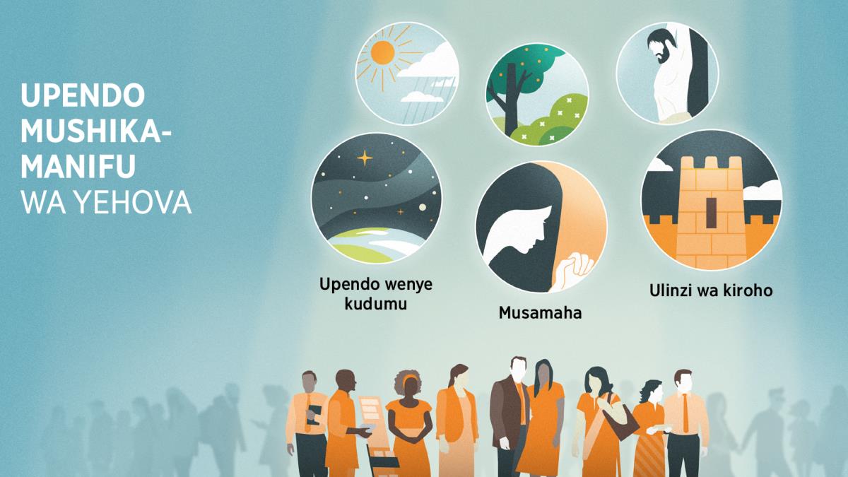 Watumishi wa Yehova wanaonekana waziwazi kati ya wanadamu. Picha: Mambo mbalimbali yenye kuonyesha upendo mushikamanifu wa Yehova. 1. Upendo wenye kudumu, unaonyeshwa kupitia picha ya dunia yenye kuzungukwa na mbingu yenye kujaa nyota. 2. Musamaha, unaonyeshwa kupitia picha ya dada moja mwenye kusali. 3. Ulinzi wa kiroho, unaonyeshwa kupitia picha ya ukuta wenye nguvu sana wa muji fulani. Picha zingine zinaonyesha namna Yehova anaonyesha watu wote upendo wake. 4. Jua na mvua. 5. Maua, mimea, na miti. 6. Bei ya ukombozi.