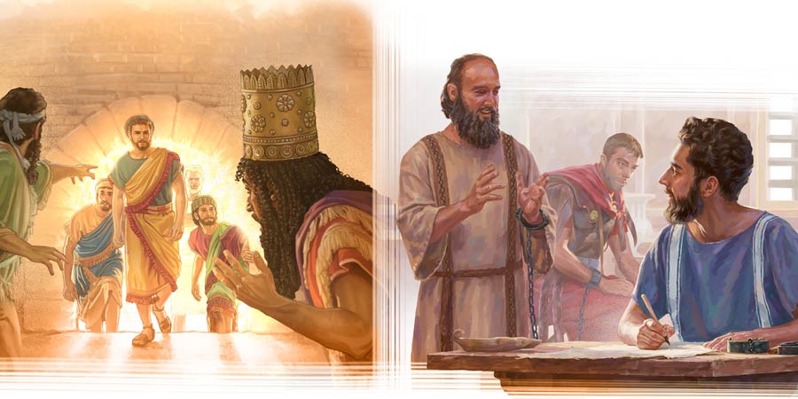 Sadrak, Mesak och Abed-Nego kommer oskadda ut ur elden; Aposteln Paulus dikterar ett brev till Timoteus medan han sitter i husarrest.