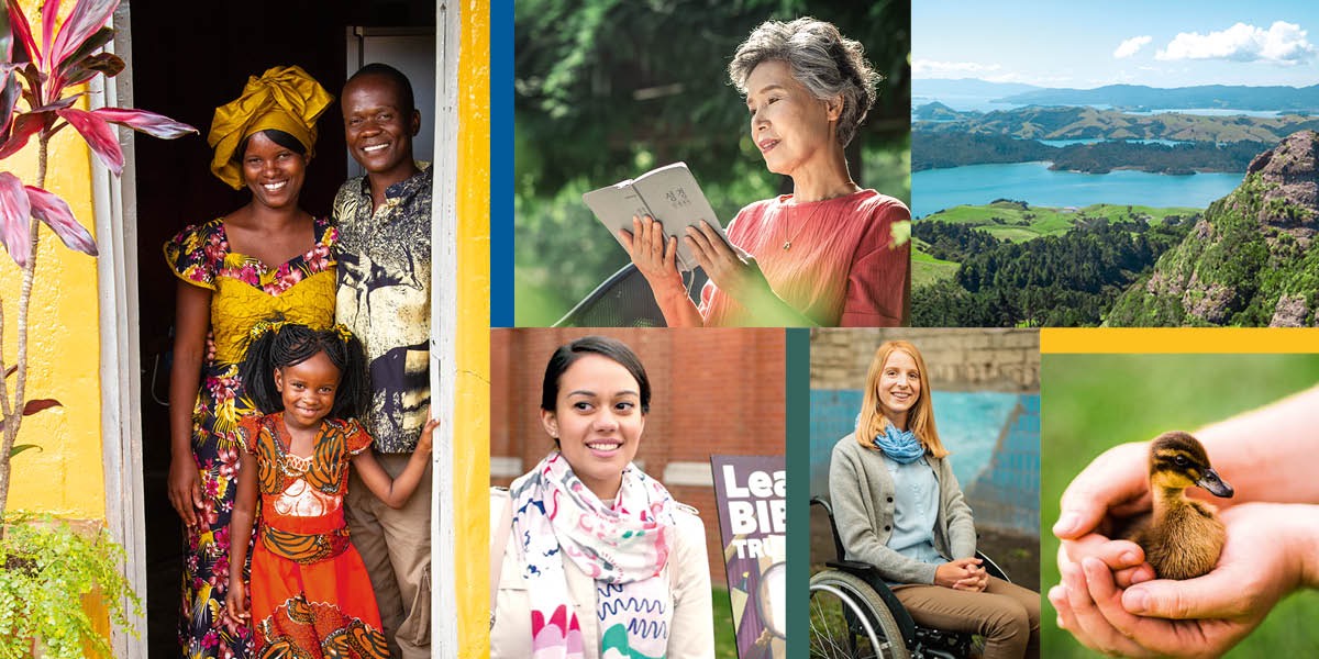 Collage:1. En lycklig familj. 2. En äldre dam läser Bibeln. 3. En ung kvinna ler. 4. En ung kvinna som sitter i en rullstol ler. 5. En landskapsvy över berg och sjöar. 6. En kyckling i ett barns händer.