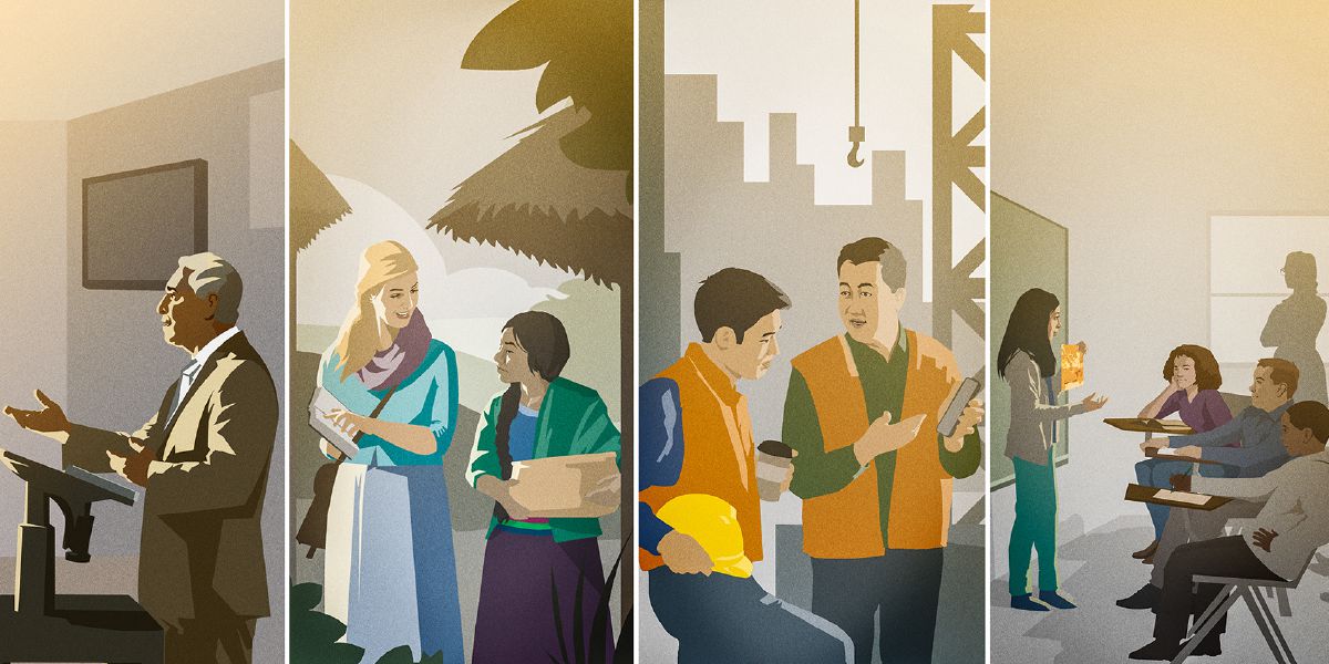 En broder håller ett tal; en syster predikar; en broder vittnar på arbetet; en tonåring har en framställning i klassrummet.