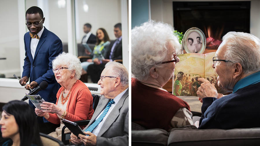 Collage: Ett äldre par tjänar Jehova trots svårigheter. 1. De är med på ett möte på Rikets sal. Mannen tittar kärleksfullt på sin fru när hon svarar på vakttornsstudiet. 2. De sitter hemma i soffan och tittar på en paradisbild i vår litteratur. I bakgrunden ser man ett foto av dem när de var unga.